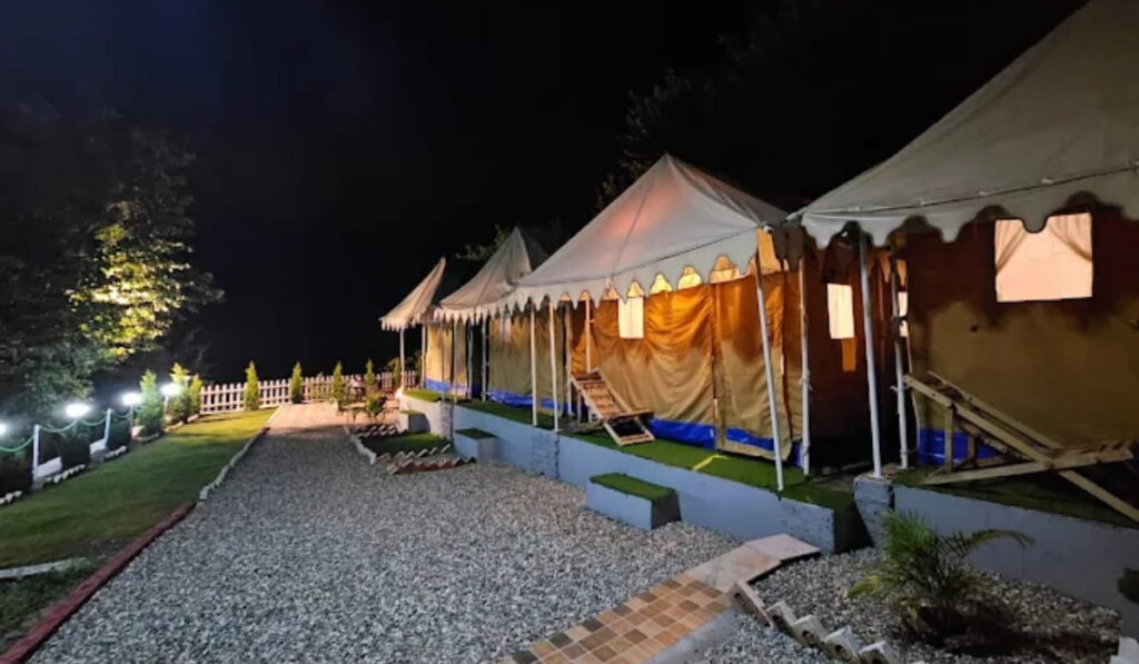 Tent house swimming pool night view